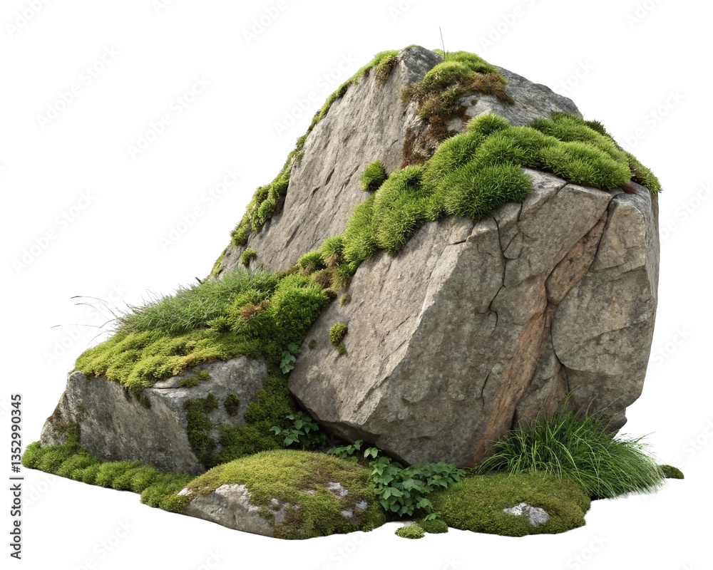 Poster a large rock formation covered in green moss, with some smaller rocks and plants scattered around it