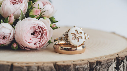 Delicate gold wedding rings with a seashell motif resting on a wooden slice surrounded by soft pink roses