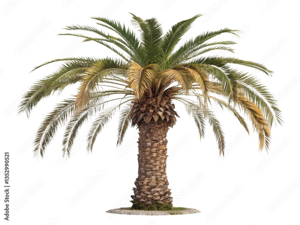 Poster a palm tree with green fronds and a brown trunk. the background is white, making the tree the main f