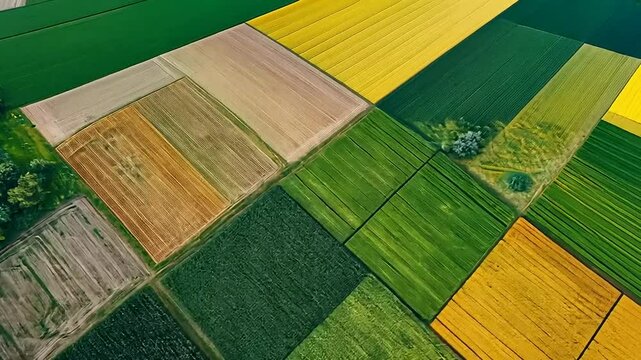 Aerial View of Colorful Agricultural Fields and Croplands Patterns