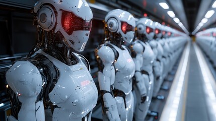 Fototapeta premium Army of Advanced Robots in a Futuristic Factory