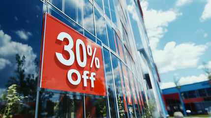 Red Sign With 30 Percent Off Text Displayed On Glass Building Exterior Against Blue Sky And Bright Sunshine