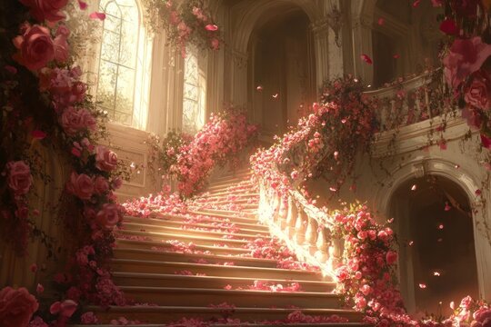 A grand staircase adorned with overflowing pink roses and blossoms