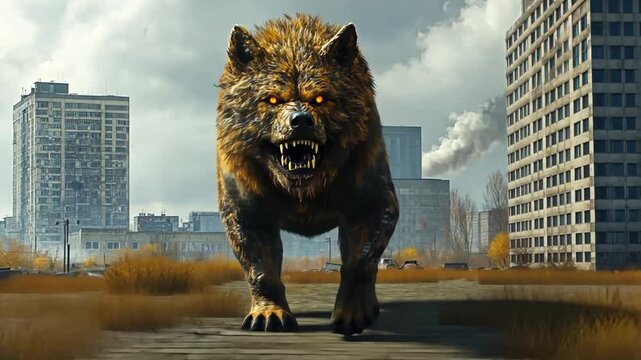 Ferocious wolf creature in desolate city.  Possible Stock Photo