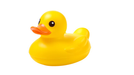 A close up shot of a bright yellow rubber duck with an orange beak on a black backgroundisolated on transparent background