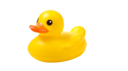 A close up shot of a bright yellow rubber duck with an orange beak on a black backgroundisolated on transparent background