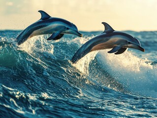 Fototapeta premium Pair of dolphins leaping gracefully from a wave, embodying the ocean's beauty and energy. Capture of wild marine life at play.