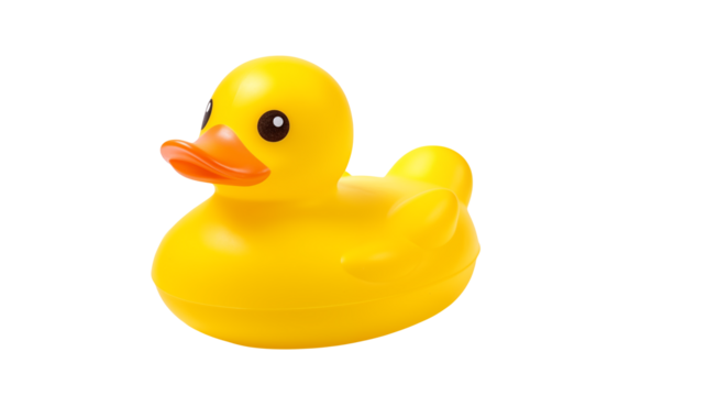 A close up shot of a bright yellow rubber duck with an orange beak on a black backgroundisolated on transparent background