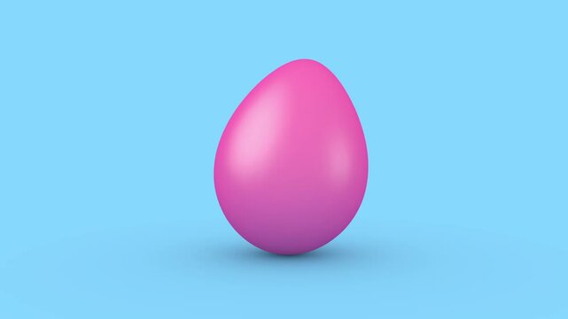 Single pink Easter Egg rolling over blue background cracking open the delicate eggshell. Easter egg shell bursting apart and breaking like a hatching egg. 3d render animation with alpha channel.