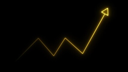 Glowing neon business graph growth up arrow animation icon on black background. Business growth and success arrow.