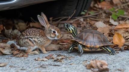 A small rabbit curiously faces a turtle on a paved surface