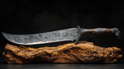 Intricate damascus steel blade with sculpted wood handle, displayed on a wooden stand © andi