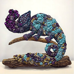 Fototapeta premium Jewel-toned chameleon sculpture on driftwood, white background, art piece