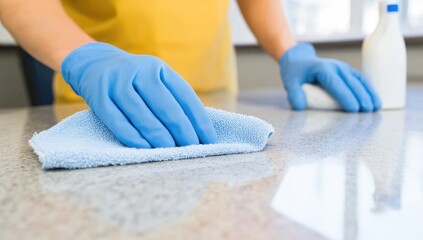 Cleaning kitchen countertop with microfiber cloth, worker in yellow shirt, blue gloves, cleaning supplies in background