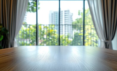 Obraz premium Empty wooden table in front of a window with city view