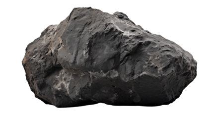 A single, large, dark gray rock or boulder with a rough and uneven surface on black backgroundisolated on transparent background