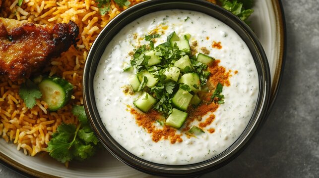 Top view of raita Yogurt Based Condiment topped grated cucumber cumin powder and coriander served alongside a platter of biryani
