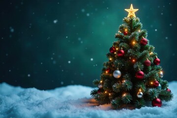 Obraz premium Dark green Christmas tree with twinkling lights and ornaments against a snowy background, evergreen, holiday decor, frosty landscape
