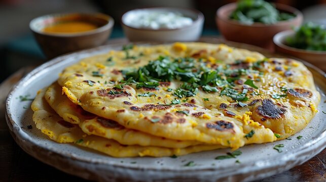 Ethiopian chechebsa shredded flatbread spiced butter plated on white ceramic with yogurt side