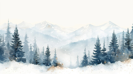Fototapeta premium Watercolor winter landscape of snow covered mountains and fir trees with snowfall and fog in blue and white tones