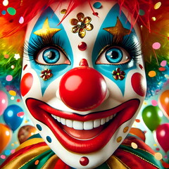 Colorful smiling face of clown decorated with face paint and ornaments.