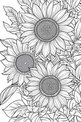 Three large sunflowers bloom with several green leaves and petals