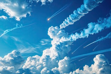 Sky Blue Background Featuring Diverse Cloud Types and Light Smoke Trails for Energetic Backdrops and Dynamic Design Ideas