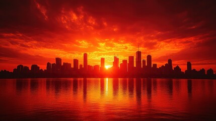 Fototapeta premium Fiery Cityscape Sunset: A breathtaking view of a city skyline silhouetted against a vibrant red sunset, reflecting on tranquil waters.