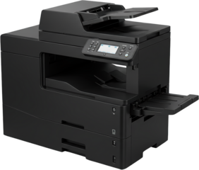 High quality black multifunction printer isolated transparent background professional office equipment