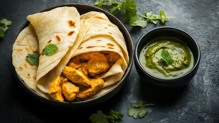 Top view of roomali roti Thin Indian Flatbread neatly folded served with a bowl of spicy butter chicken and mint chutney