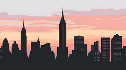 Obraz premium City skyline at sunset, buildings silhouetted against colorful sky, urban landscape, ideal for travel brochures