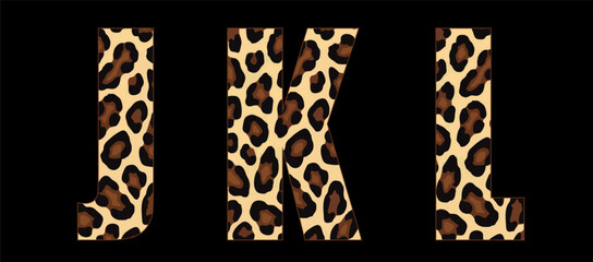 Vector font with jaguar's pattern on black background. A set of cartoon letters of english alphabet for women clothing, fabric, textile, paper, packaging,  women's handbag, inscription on t-shirt. © TKalinovskaya