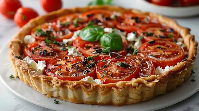 French tomato tart goat cheese and herbs served on white background slightly zoomed out