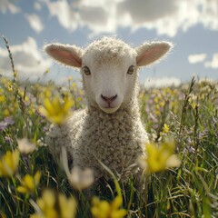 Obraz premium A fluffy lamb nestled among vibrant wildflowers under a sunny sky, creating a serene and charming pastoral scene of springtime.