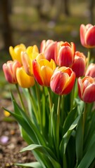 Fototapeta premium Bunch of colorful tulips in nature background Floral image with space for text for Womens day March