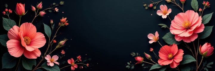 Delicate floral patterns in charcoal on a black background , minimalist, botanicals