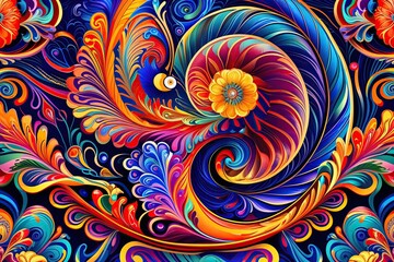 Intricate Patterned Decorative Designs Featuring Vivid Colors and Swirling Motifs