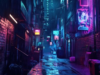 Neon-lit alleyway with rain-soaked pavement and urban decay