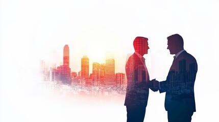 Silhouetted figures shaking hands in front of a city skyline, symbolizing business partnership and collaboration.