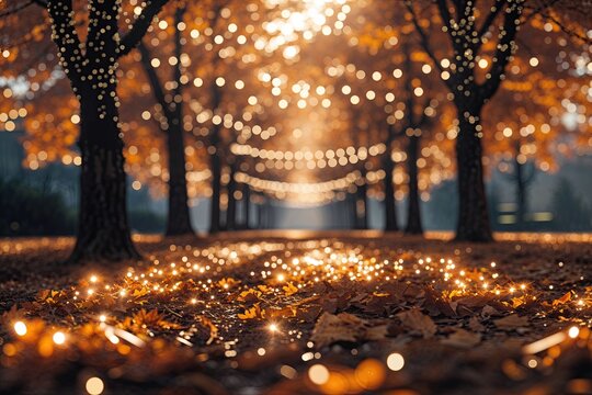 Autumn Bokeh Art Exhibition Banner with Rustic Foliage and Twinkling Trees