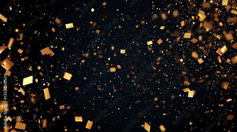 Poster golden particles and shimmering squares scatter across a dark background, creating a dazzling visual
