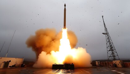 A rocket ignites with billowing fire and plumes of smoke