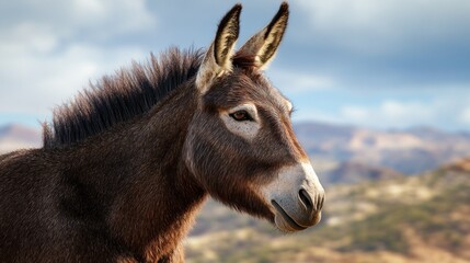 Naklejka premium Detailed Profile of a Donkey with Majestic Ears and Expressive Eyes Against a Natural Landscape