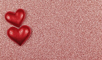 Two red hearts on rose gold glitter; Valentine's greeting card design