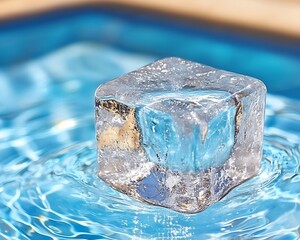 A clear ice cube floating in rippling blue water