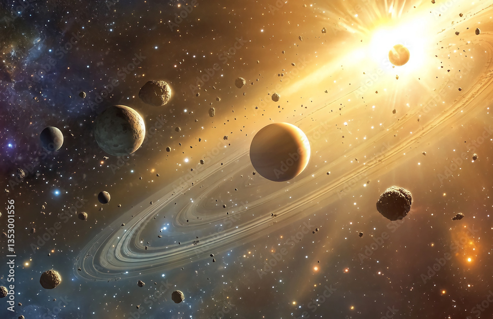 Wall mural exploring a distant solar system filled with planets and asteroids illuminated by a nearby star