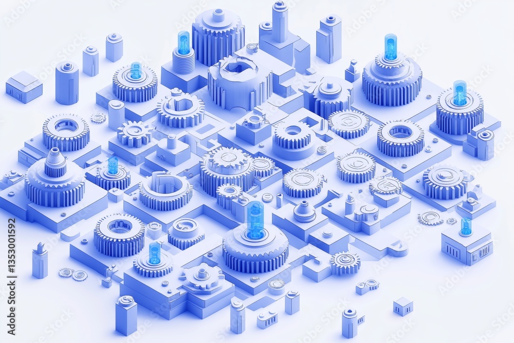 Fototapete blue isometric network with mechanical components, abstract layout and cyber-inspired technology elements in a clean digital environment, Generative AI