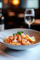 Shrimp Linguine with Light Tomato-White Wine Sauce, Fresh Herbs, and Lemon Garnish