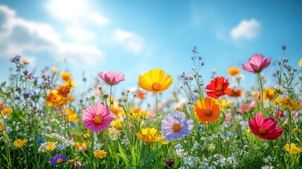 Naklejka premium Vibrant Summer Meadow: A Colorful Symphony of Blossoms