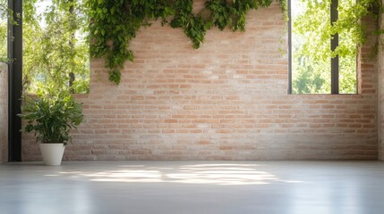 Empty room with brick wall and plants. 
